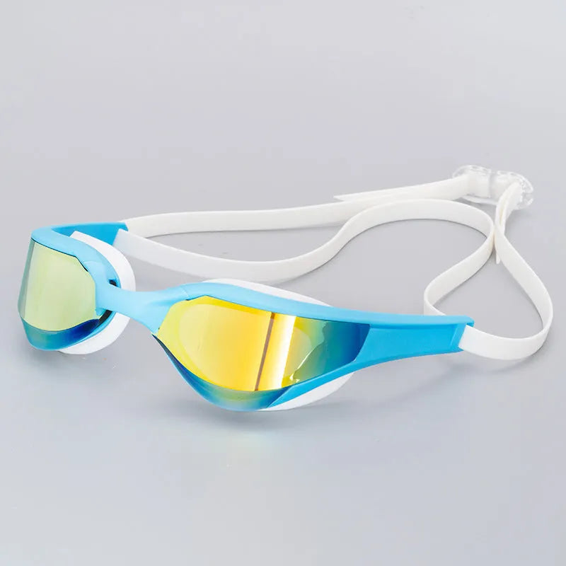 Anti-fog swimming goggles with polycarbonate lenses shown with large and small nose bridges in a plastic mirror box.