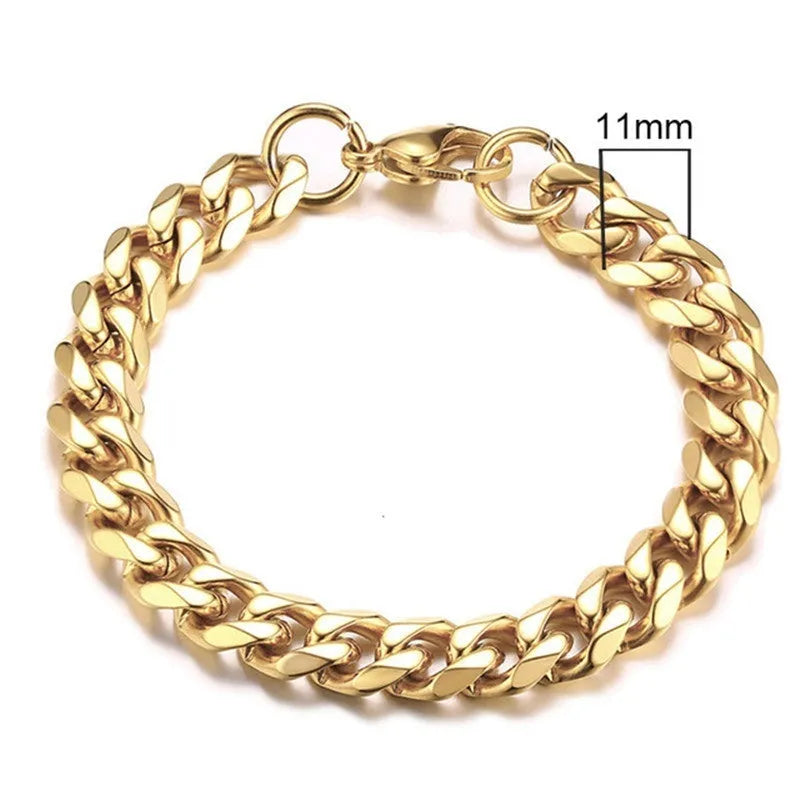 Six-sided geometric link metal bracelet in gold colour on a wrist.