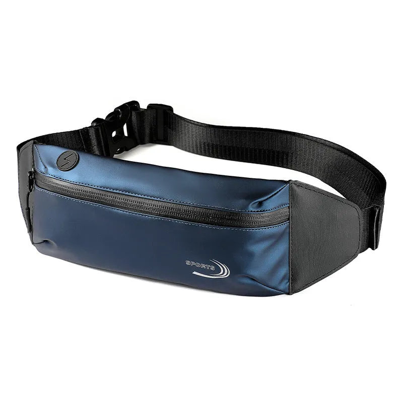 Men's blue waterproof oxford polyester waist bag shown on a manikin, showcasing its compact 45cm size.