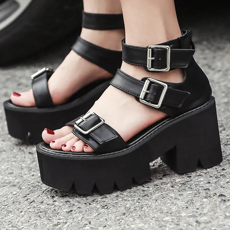 Black Roman style chunky heel sandals with thick platform sole and back zipper for punk Harajuku street fashion