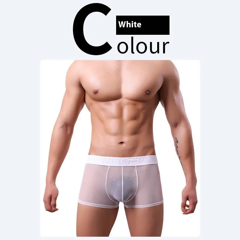 Men's thin invisible breathable boxer shorts in solid colours including black, white, and blue.
