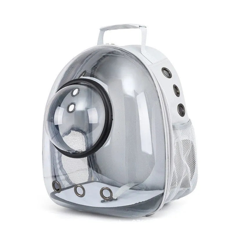 Grey PC astronaut-style pet carrier backpack with side-opening door for a cat.