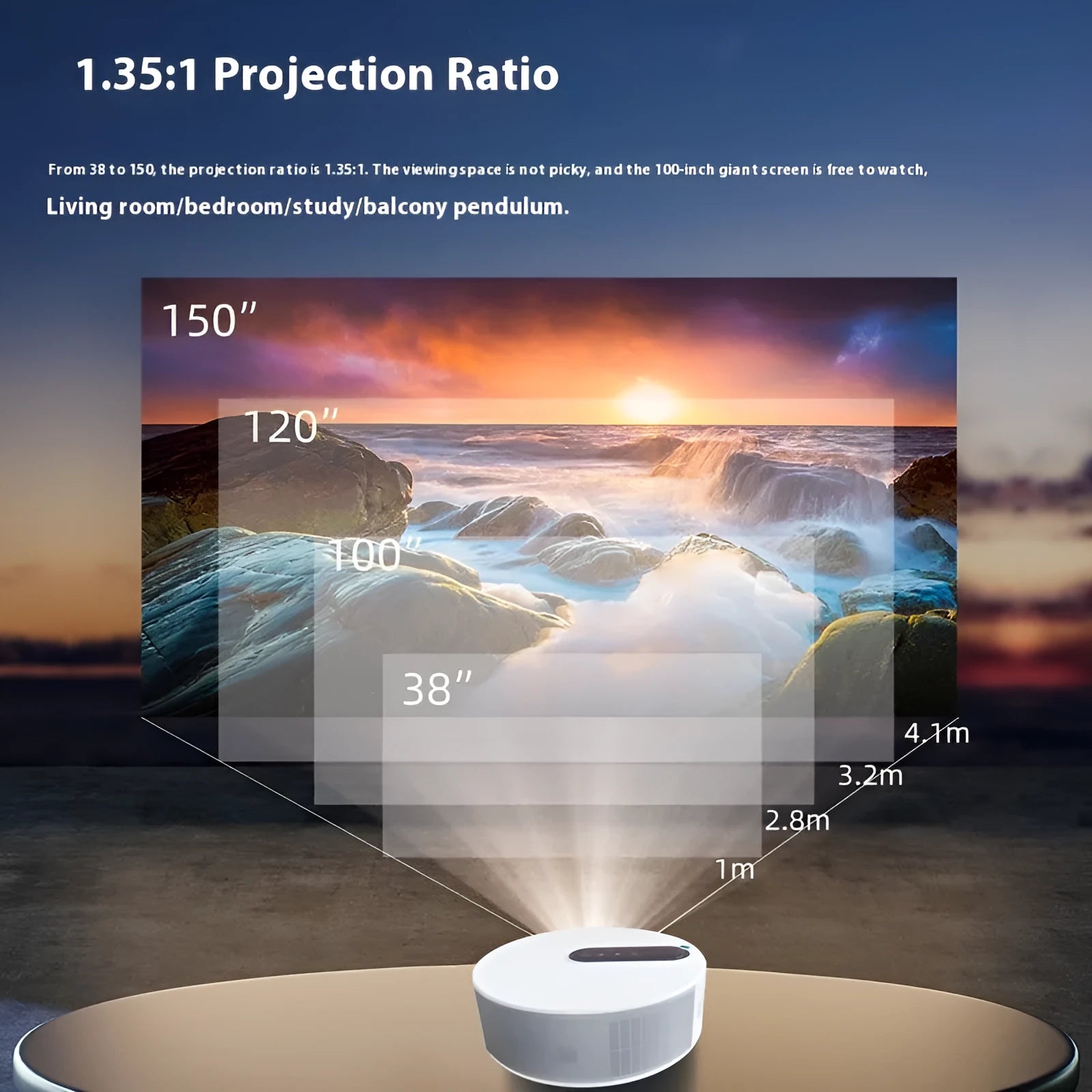 White 720p HD home projector with remote control on wooden surface