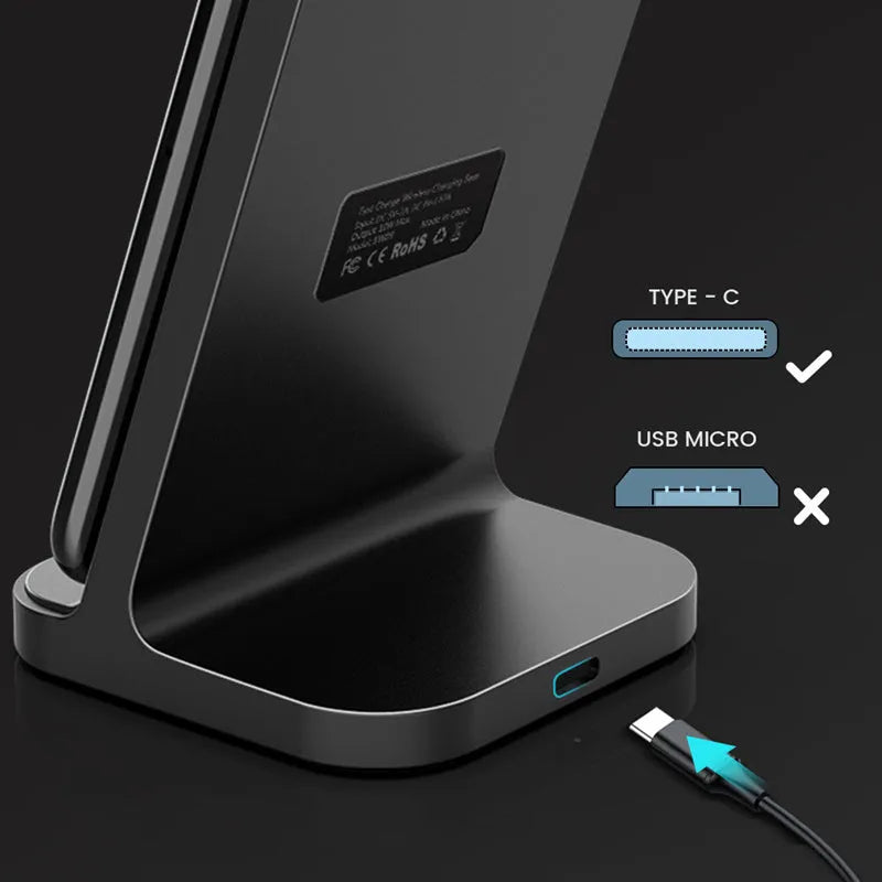 Dark grey vertical wireless charging stand for Apple iPhone smartphones on desktop