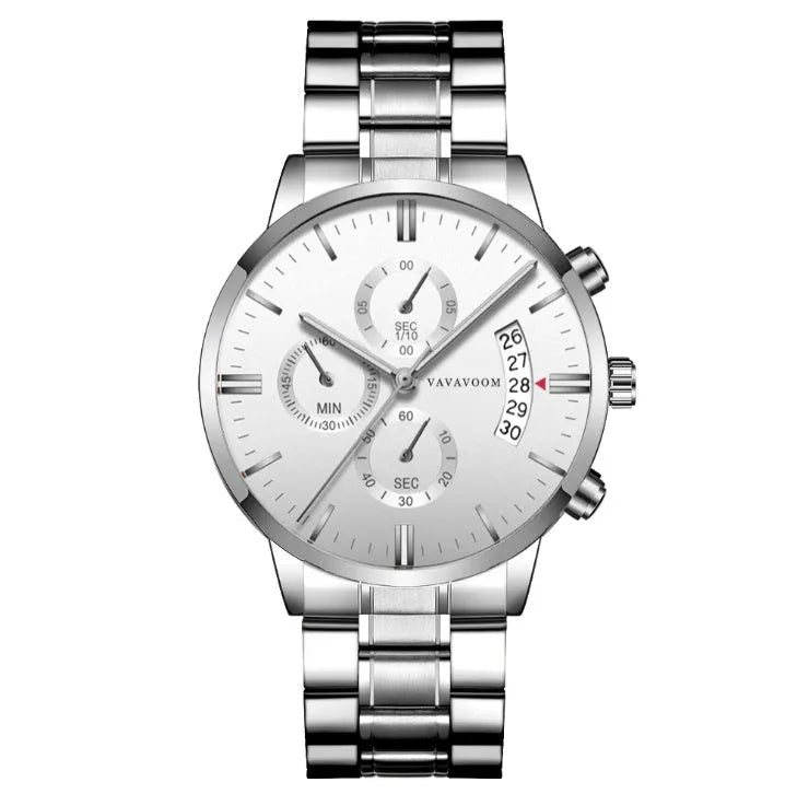 Men's stainless steel quartz watch with 43mm dial and 30 metre waterproof rating