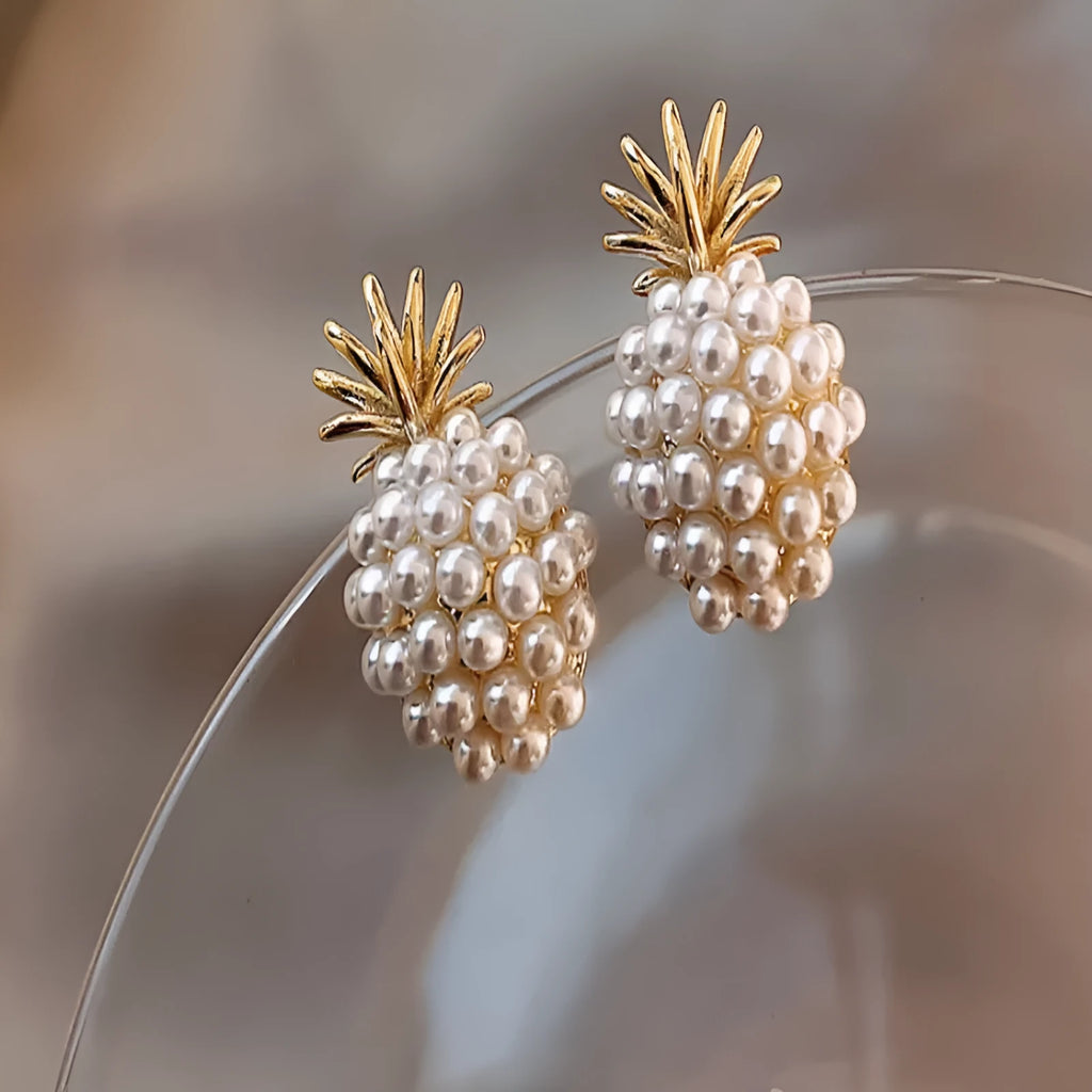 Korean-style gold pineapple starfish pearl alloy earrings with electroplated finish and gem inlay.