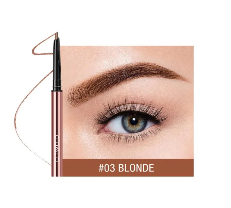Eyebrow pencil in colour box showing six shade options: Auburn, Blonde, Caramel, Dark Brown, Soft Brown, and Taupe.