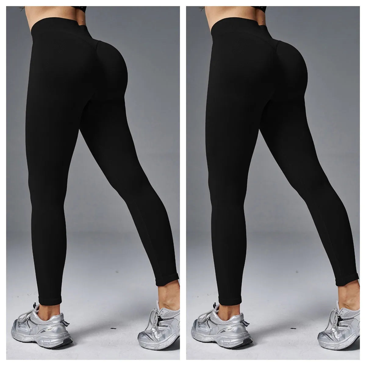 Woman wearing peach-coloured tight mid-waist yoga pants with a hip-lifting fit.