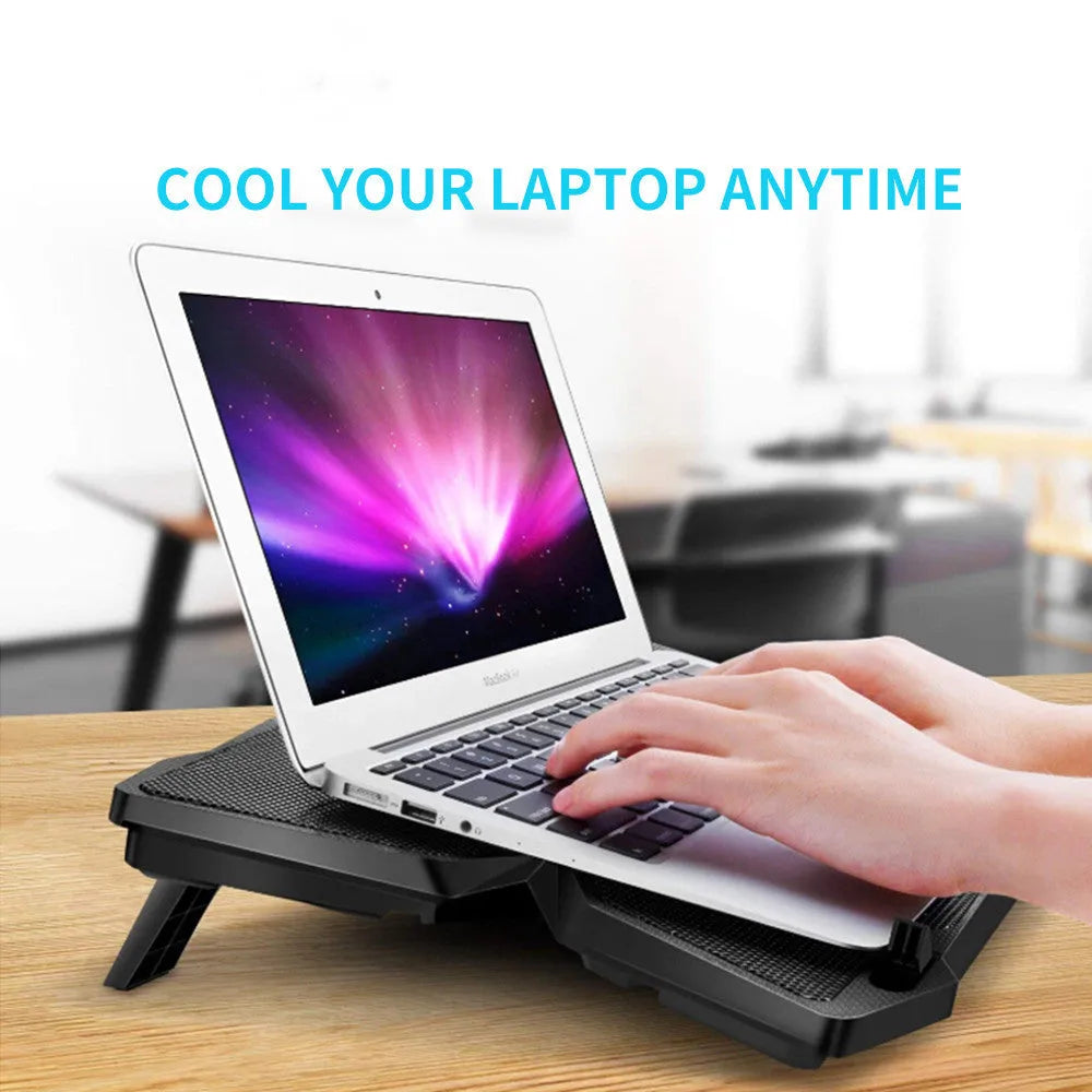 Blue laptop cooling base with four LED fans and two USB ports on front edge