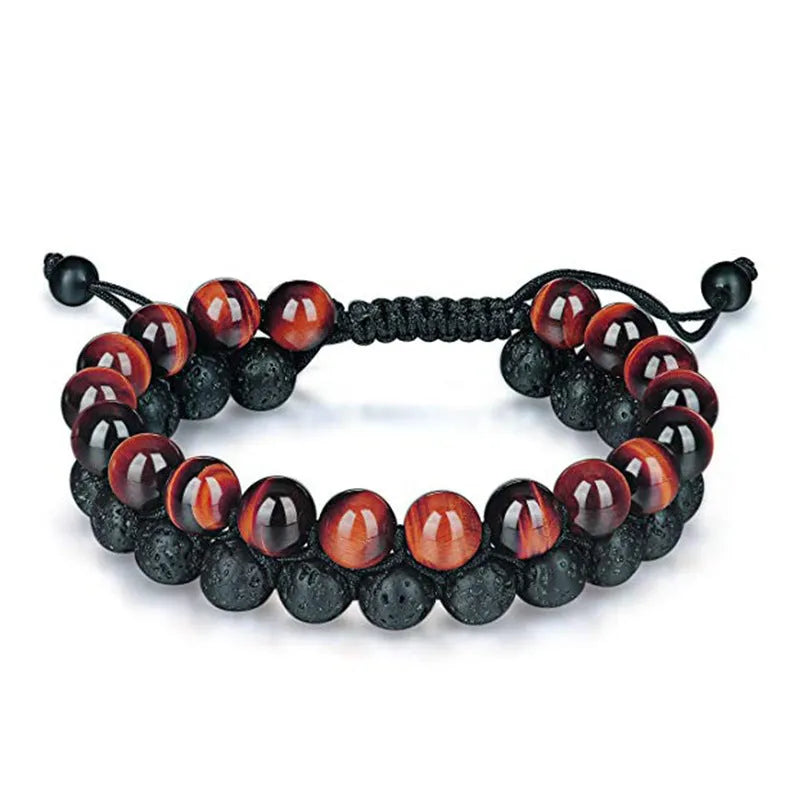 Geometric couple bracelet made of matte black agate beads with a tiger eye stone.