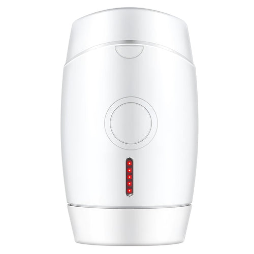 White at-home laser hair removal device with five buttons on a compact handheld body.