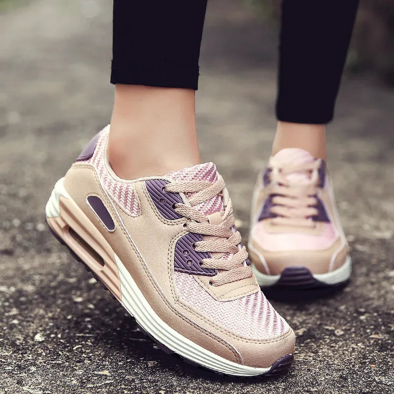 Women's casual low heel shoes in beige orange, grey, and pink purple colour options.