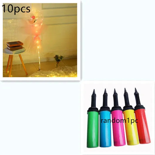 Transparent LED luminous balloon bouquet with artificial rose and glowing light inside, displayed as a DIY kit.