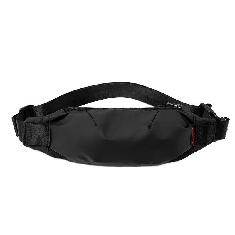 Black oxford cloth men's waist pack showing zipper opening and internal organisation pockets.