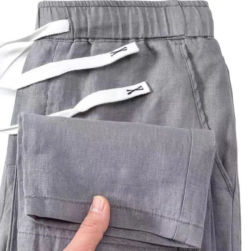 Pure linen Chinese style elastic waist trousers in straight leg design available in multiple colours