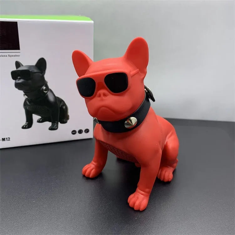 Mini bulldog-shaped Bluetooth speaker in black, red, or white colour with wireless audio functionality