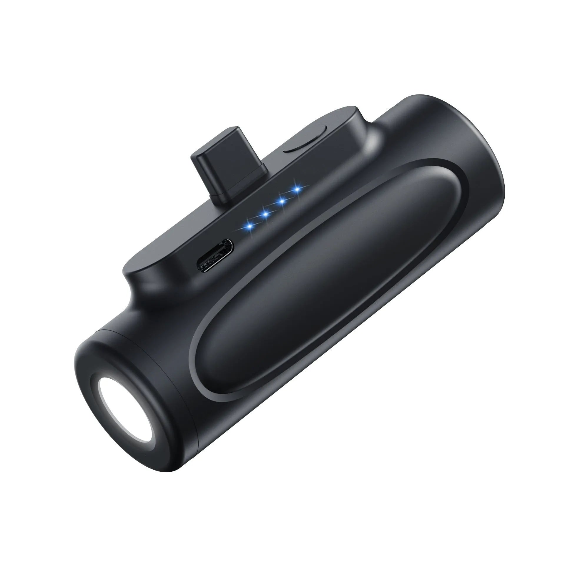 Black and pink creative power bank with integrated LED flashlight glare, showing Type-C and Apple port options.