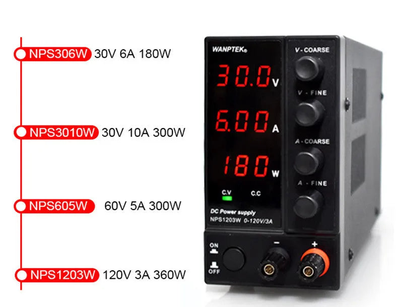 White adjustable DC bench power supply model NPS605W with voltage and current control dials.