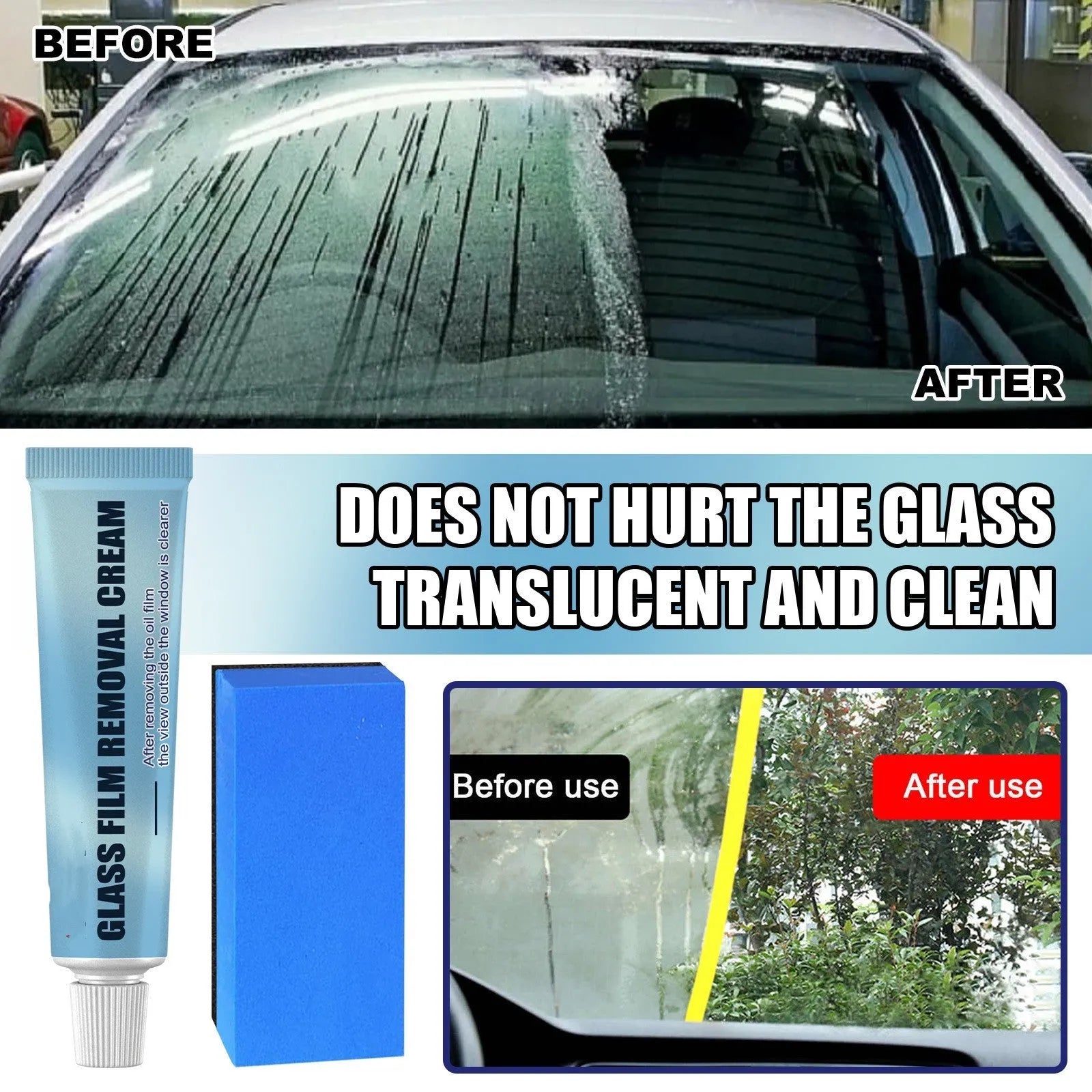 Blue car glass oil film remover tube and soft sponge applicator for windshield cleaning.
