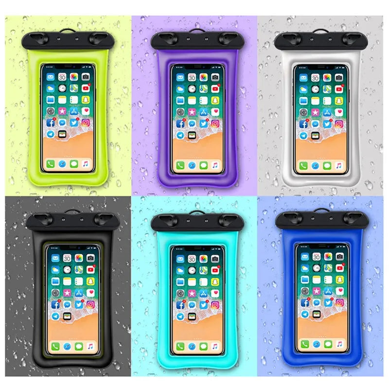 Orange waterproof phone pouch with double airbag design and a black lanyard.