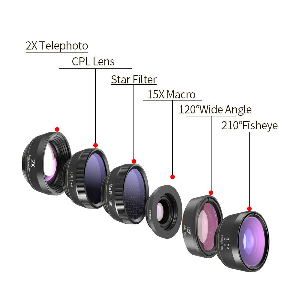 Black aluminium 6-in-1 mobile phone lens kit with universal clip attachment