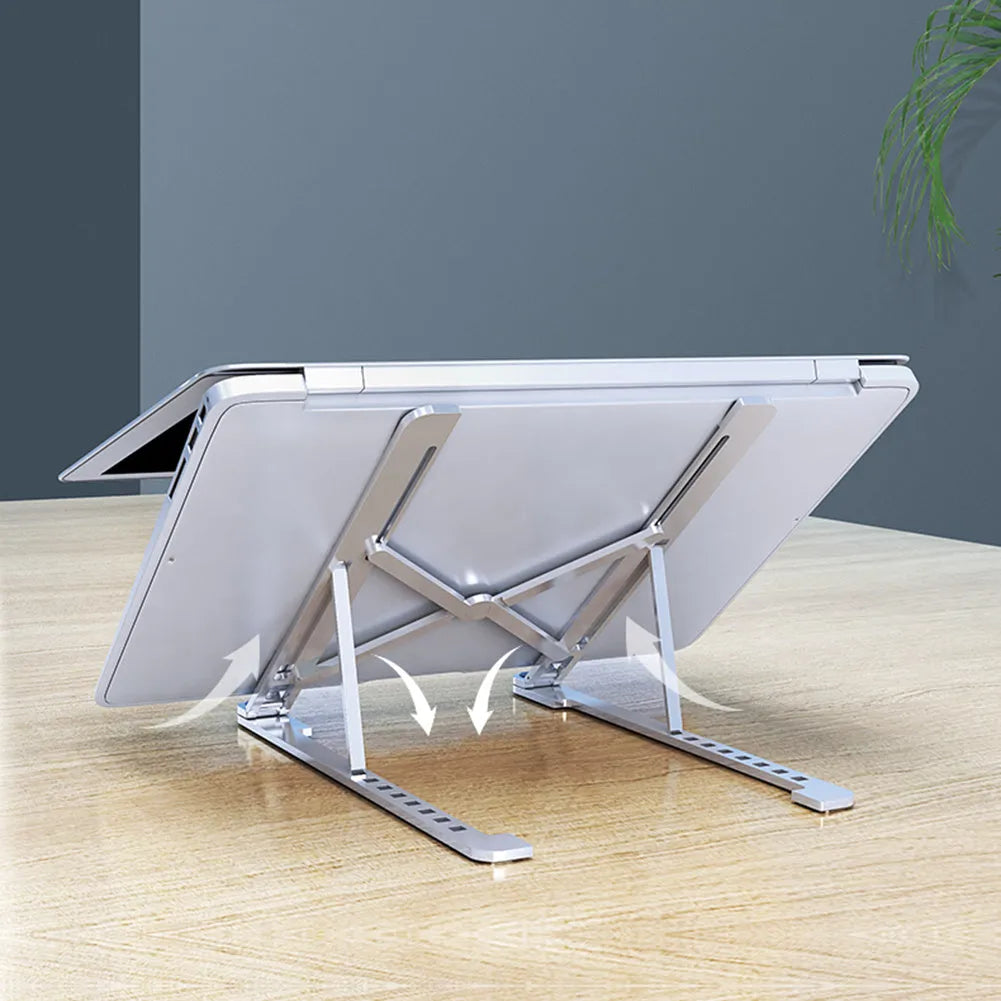 Aluminium alloy foldable laptop stand shown adjusted to different heights with laptop and tablet