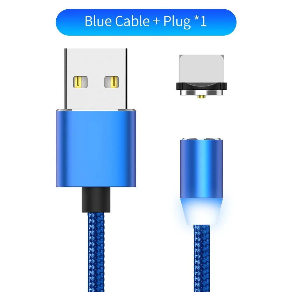 Black magnetic charging cable with LED light and aluminium connectors showing magnetic tip attachment