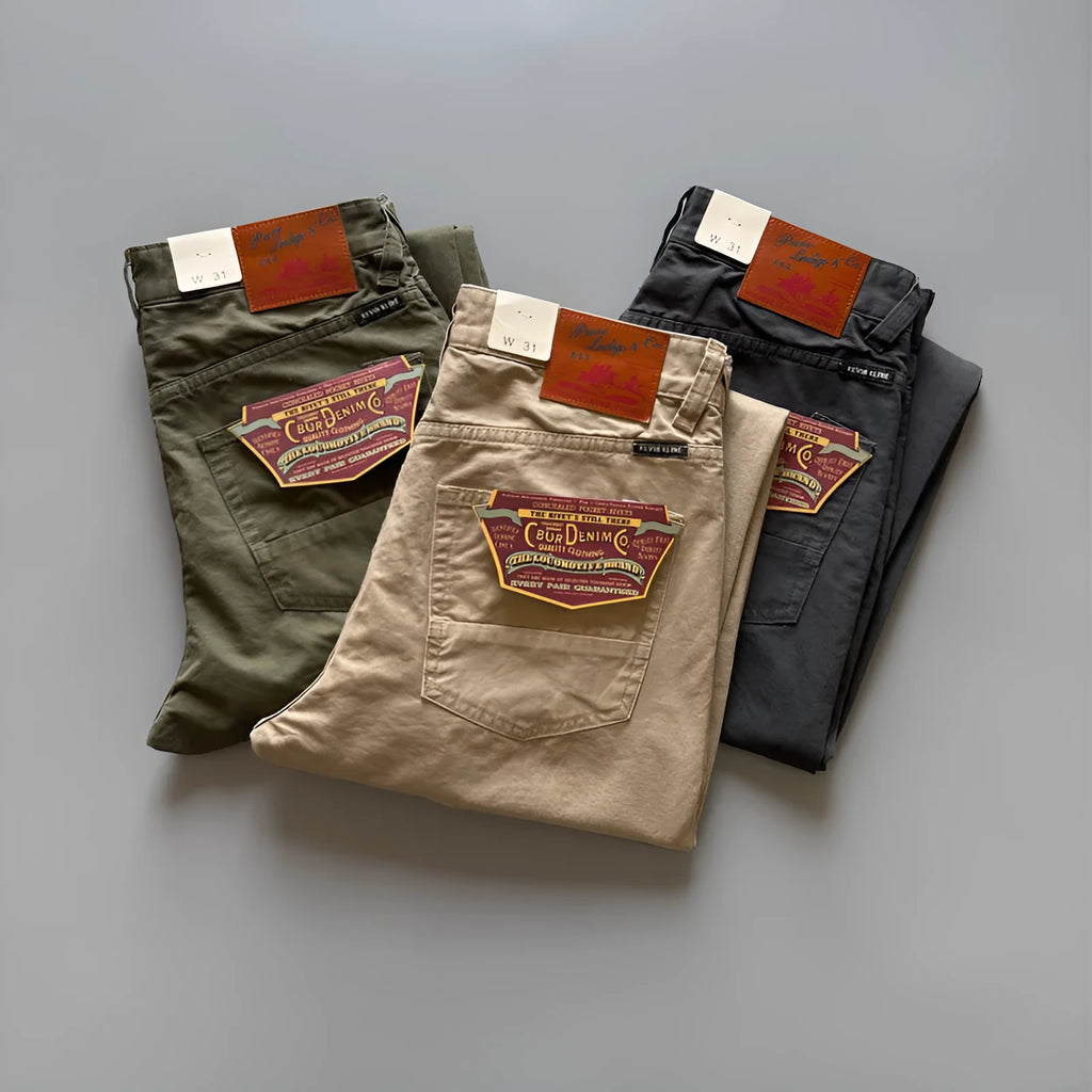 Men's straight fit cotton casual trousers in American retro style showing grey, army green, and khaki colour options