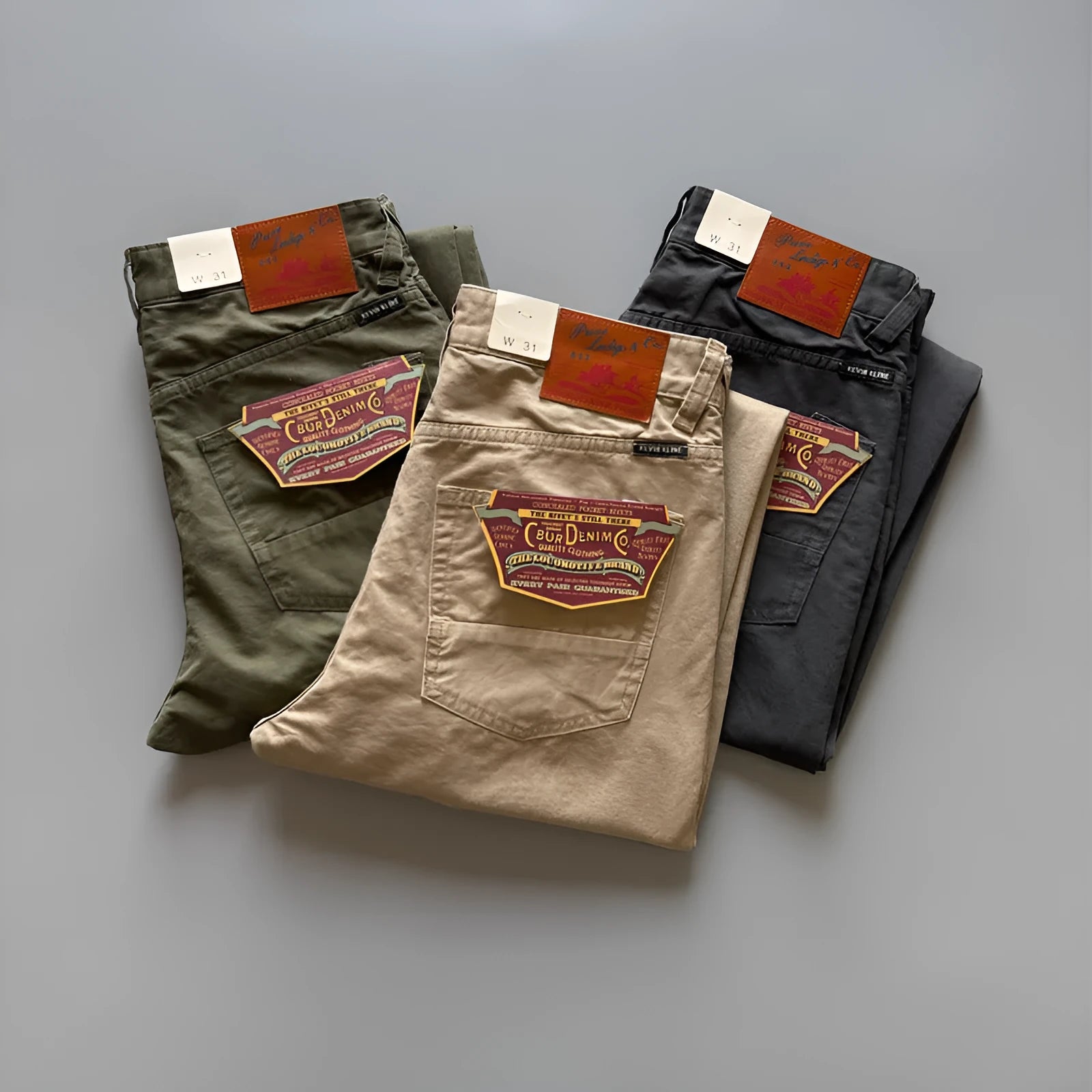 Men's straight fit cotton casual trousers in American retro style showing grey, army green, and khaki colour options