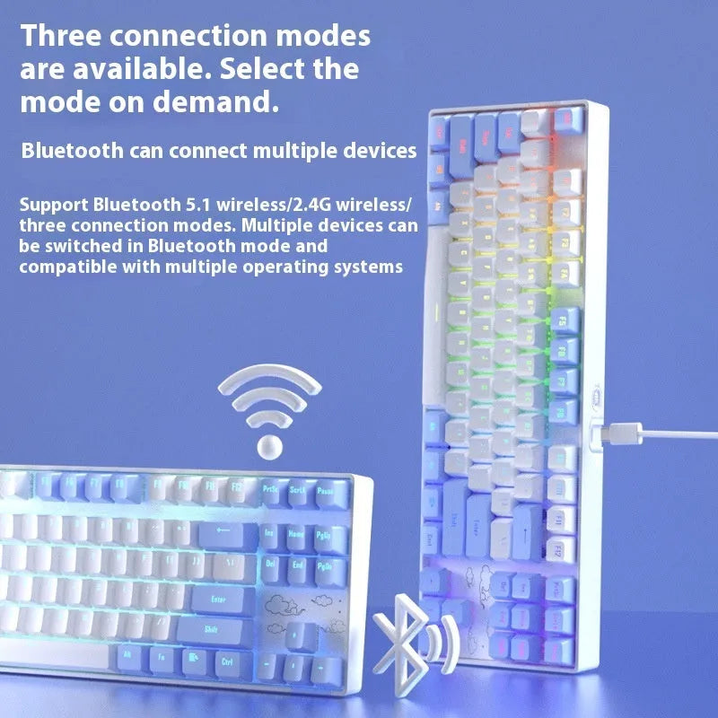 Wireless Bluetooth mechanical keyboard with metal construction in purple-white or blue-white colour options