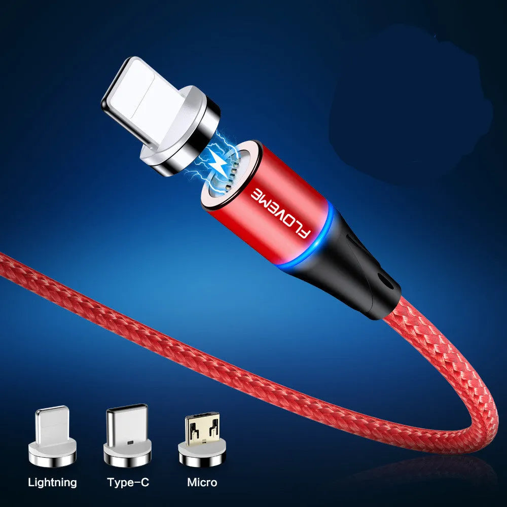 A black magnetic fast-charge data cable with LED light on the connector, next to a smartphone.
