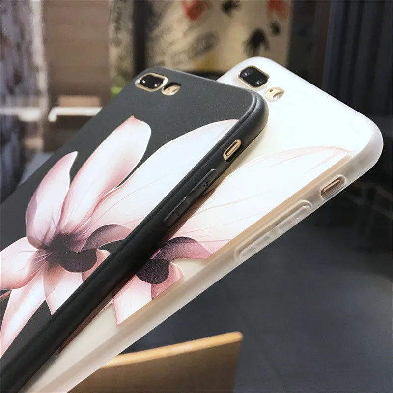 Embossed flower pattern TPU iPhone case back cover in black colour