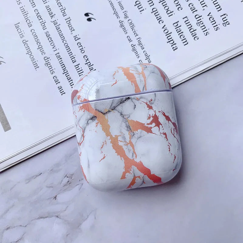 White marble patterned hard PC protective case compatible with Apple Airpods 1 and 2 charging box