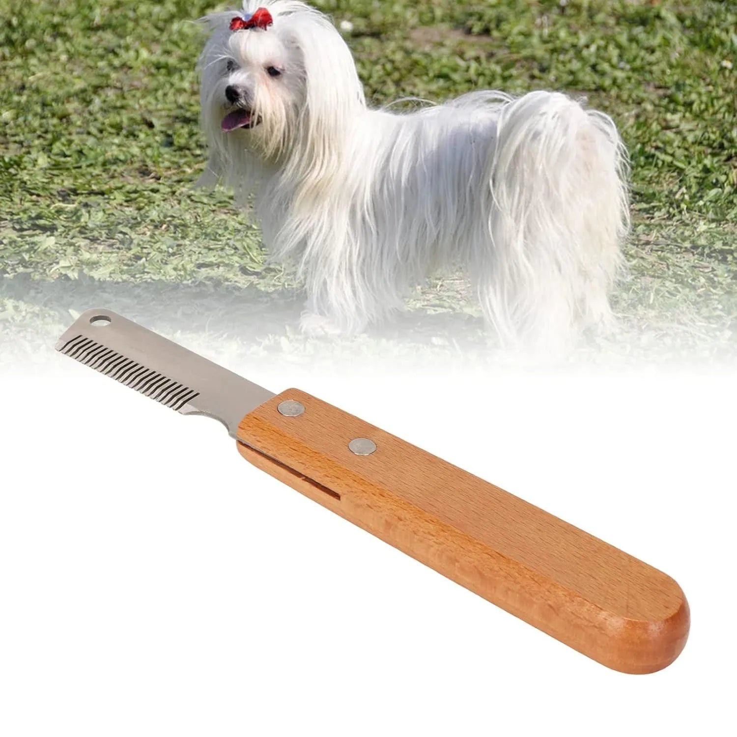 Pet stripping comb with wooden handle and metal teeth for removing hair from dogs and cats.