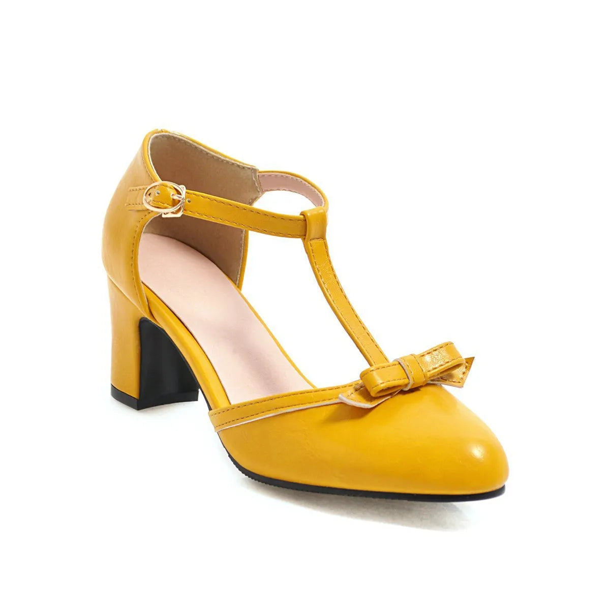 Yellow women's sandals with a buckle strap, chunky 6.5 cm heel, hollow-out pattern, and a bow tie.