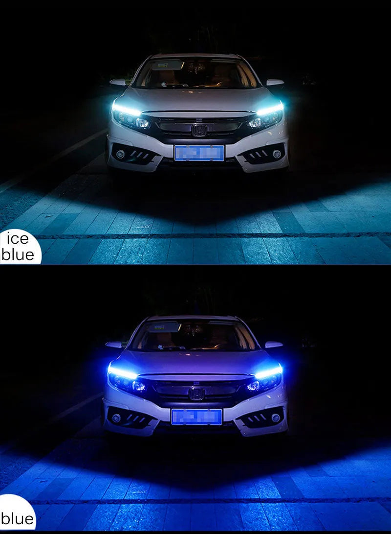 Universal car LED daytime running light strip with flowing turn signal on a vehicle headlight.