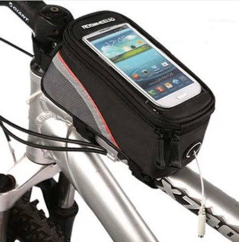 Bicycle frame bag with universal smartphone holder in multiple colours mounted on bicycle handlebars