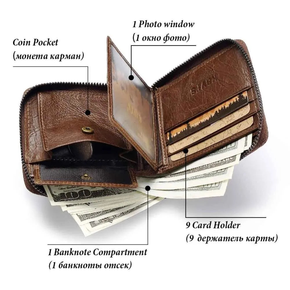 Men's brown soft leather vintage wallet with zipper and multiple internal compartments open.