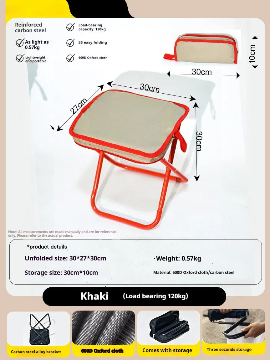Outdoor foldable pencil box stool with Oxford cloth seat shown in khaki colour, folded and unfolded.