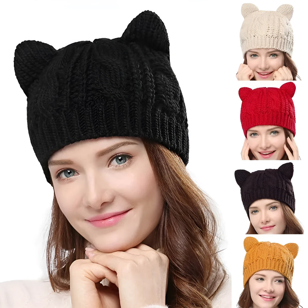 Hand-made chunky wool beanie with 3D knitted cat ears on a white background.