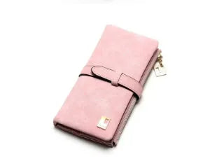 Vertical long wallet in retro matte PU leather with zip closure, shown open to reveal card slots and phone pocket.