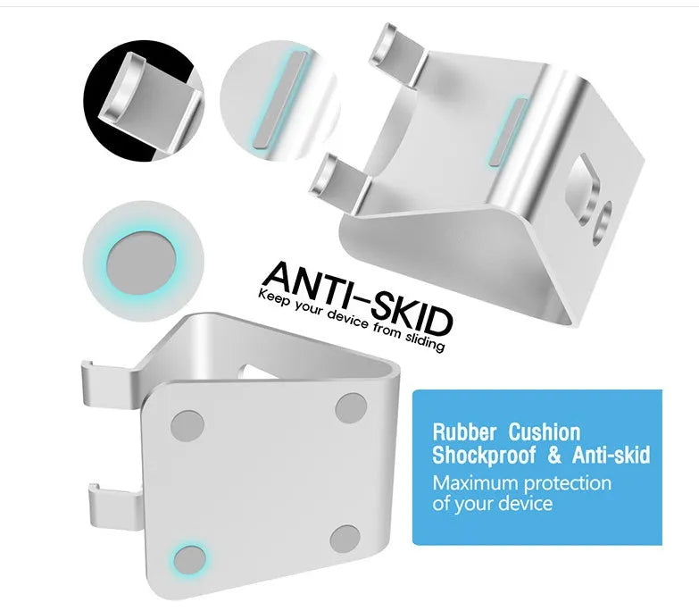 Aluminium universal phone holder in silver colour showing 360-degree rotation feature with tablet mounted