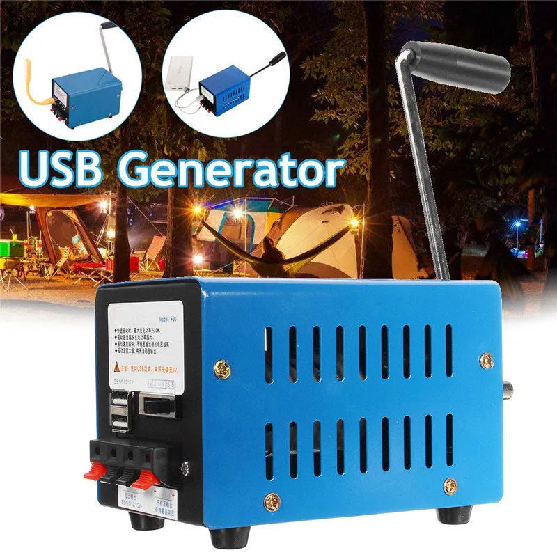 Blue metal hand crank emergency generator with USB output ports measuring 125mm long
