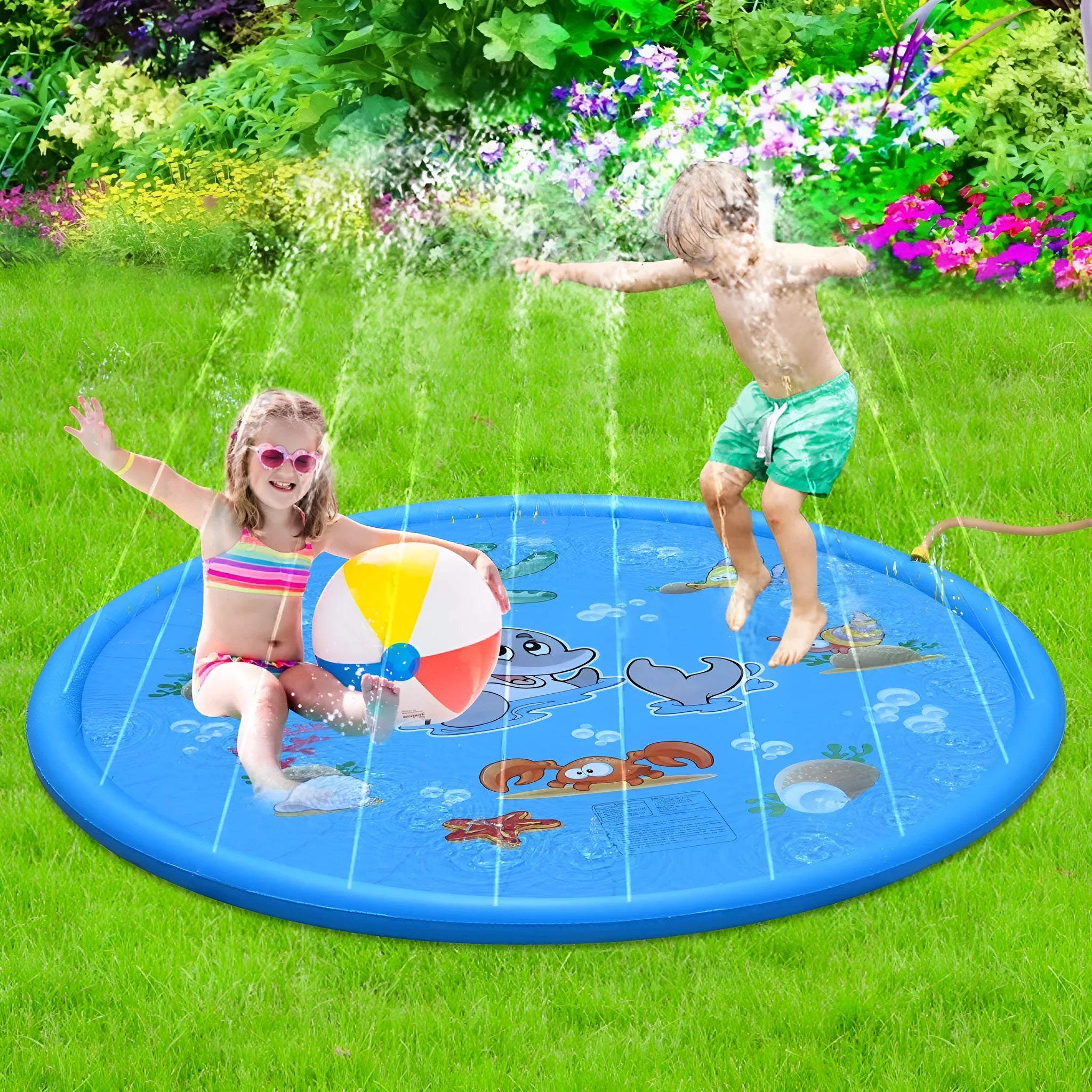 Blue PVC children's water spray play mat with marine animals, measuring 100cm by 170cm