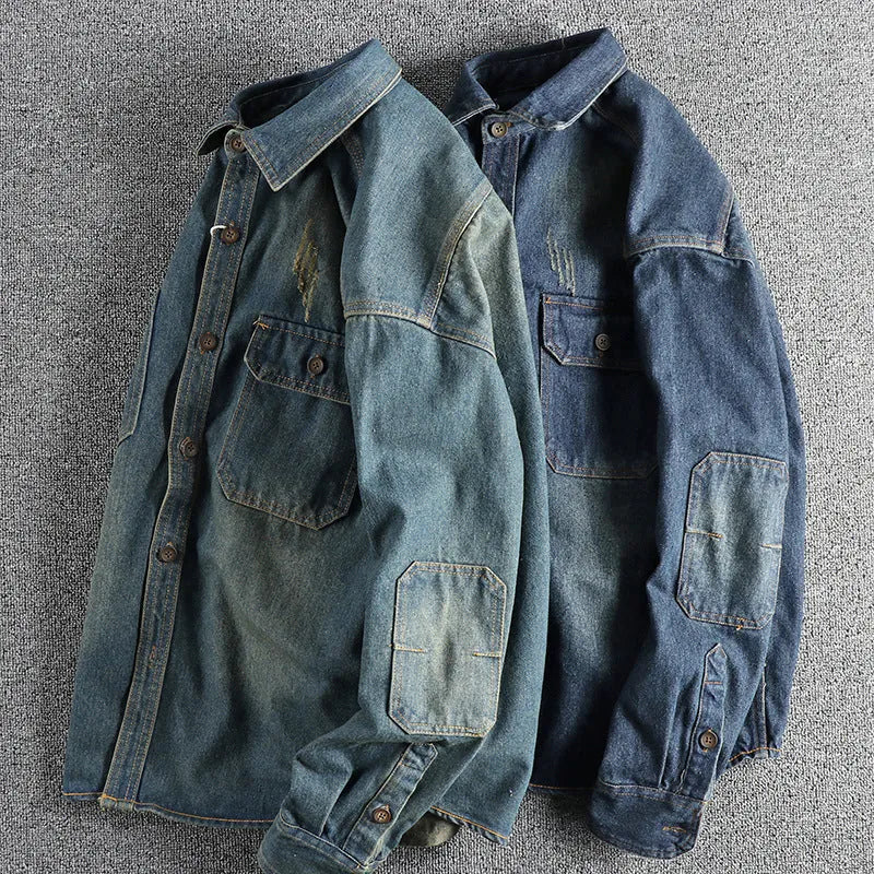 Men's vintage denim shirt in light blue washed cotton with loose fit and long sleeves