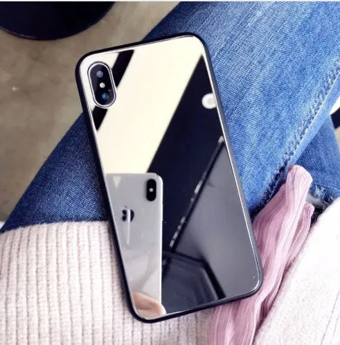 Black iPhone case with front mirror compatible with iPhone X, iPhone 7, and iPhone 8 Plus models