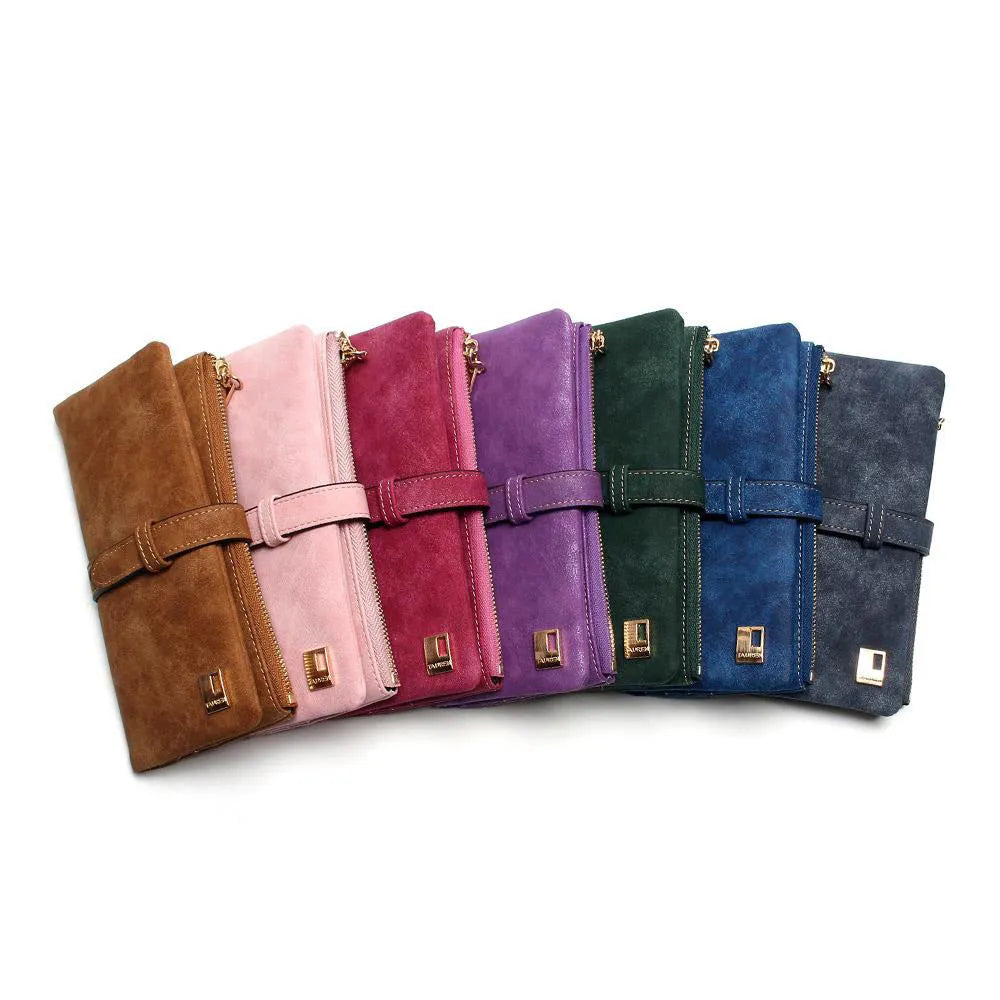Vertical long wallet in retro matte PU leather with zip closure, shown open to reveal card slots and phone pocket.