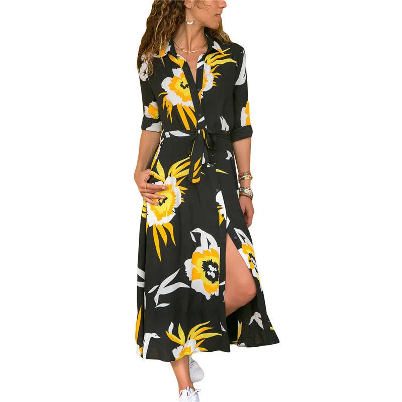 Women's vintage chiffon A-line dress with V-neck and high waist in printed polyester fabric available in multiple colours