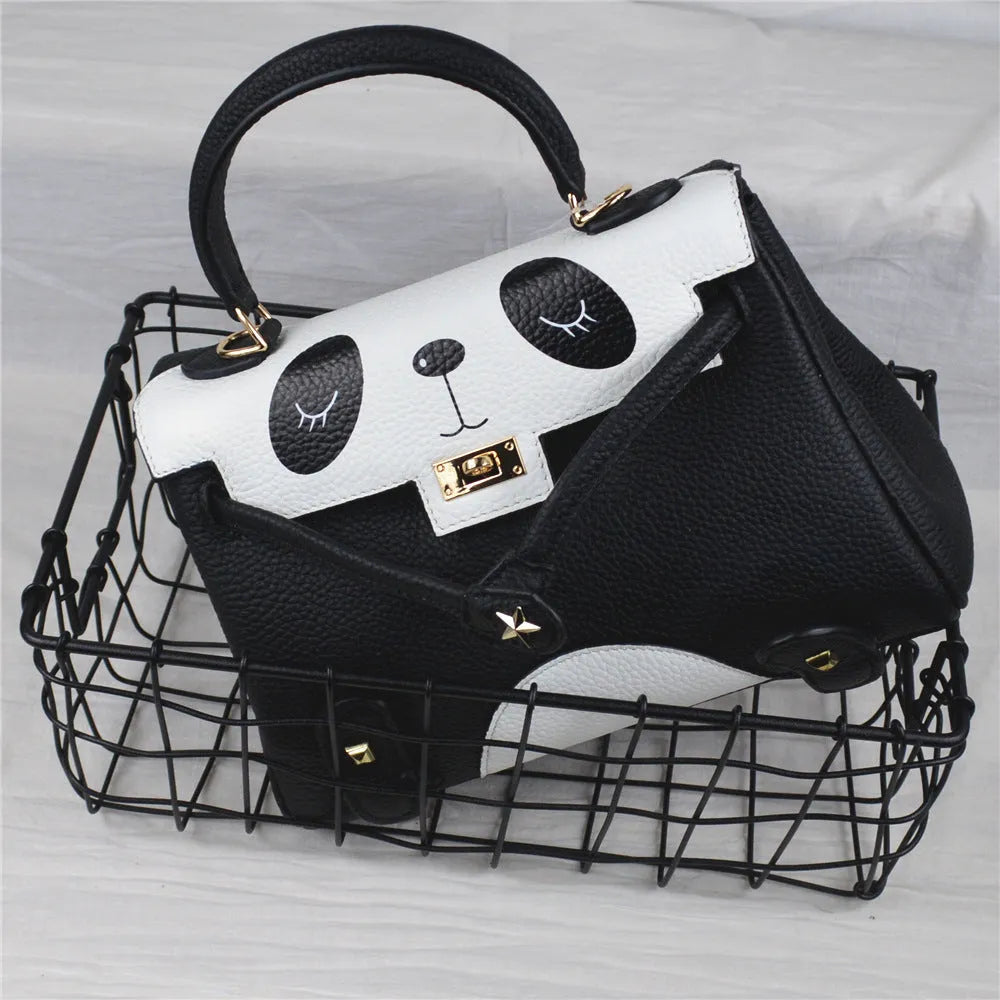 Cow leather panda handbag with animal print pattern in horizontal square design showing printing details