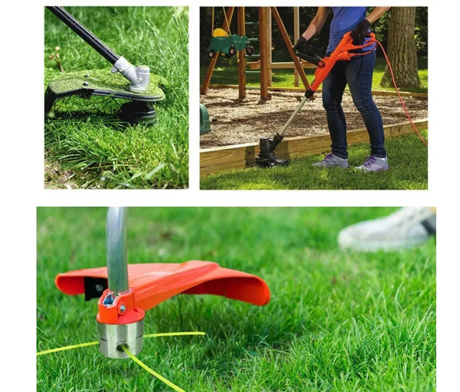 Silver aluminium lawn mower grass head accessory with four light yellow square grass ropes and installation tools